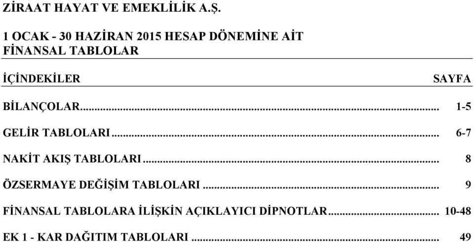 .. 15 GELİR TABLOLARI... 67 NAKİT AKIŞ TABLOLARI.