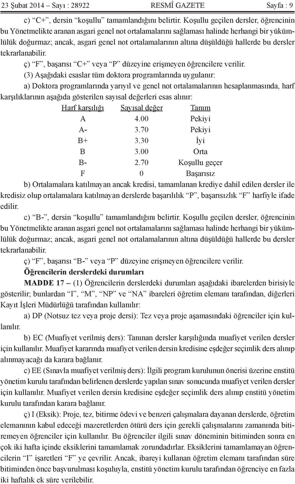 hallerde bu dersler tekrarlanabilir. ç) F, başarısı C+ veya P düzeyine erişmeyen öğrencilere verilir.