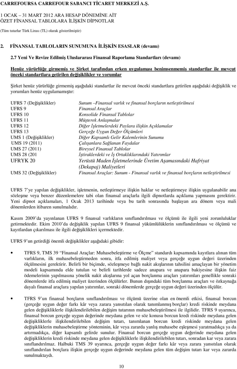 getirilen değişiklikler ve yorumlar Şirket henüz yürürlüğe girmemiş aşağıdaki standartlar ile mevcut önceki standartlara getirilen aşağıdaki değişiklik ve yorumları henüz uygulamamıştır: UFRS 7