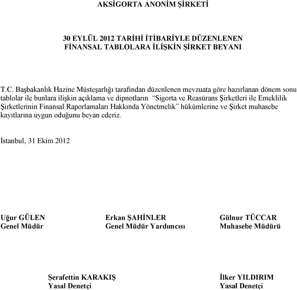 ve Reasürans ġirketleri ile Emeklilik ġirketlerinin Finansal Raporlamaları Hakkında Yönetmelik hükümlerine ve ġirket muhasebe kayıtlarına uygun oduğunu