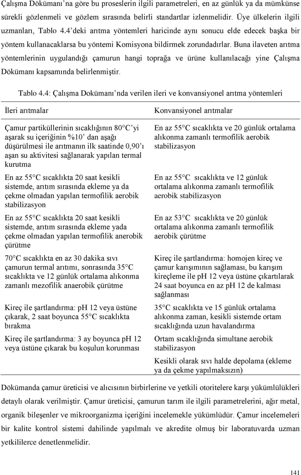 Buna ilaveten arıtma yöntemlerinin uygulandığı çamurun hangi toprağa ve ürüne kullanılacağı yine Çalışma Dökümanı kapsamında belirlenmiştir. Tablo 4.