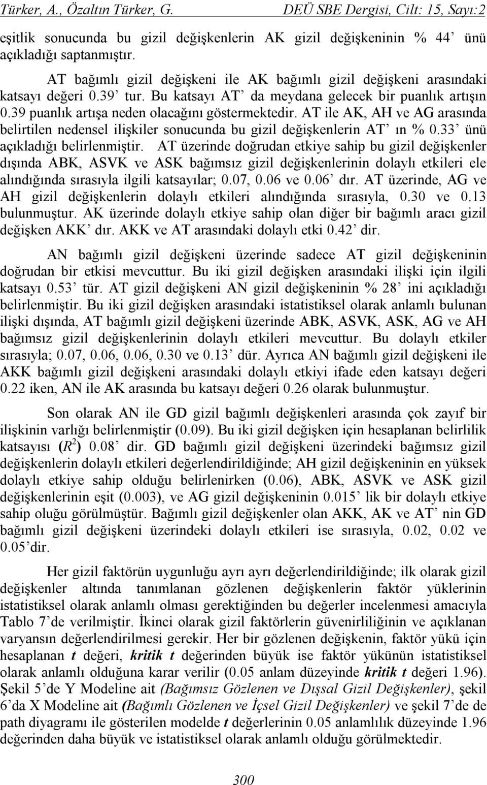 AT ile AK, AH ve AG arasında belirtilen nedensel ilişkiler sonucunda bu gizil değişkenlerin AT ın % 0.33 ünü açıkladığı belirlenmiştir.