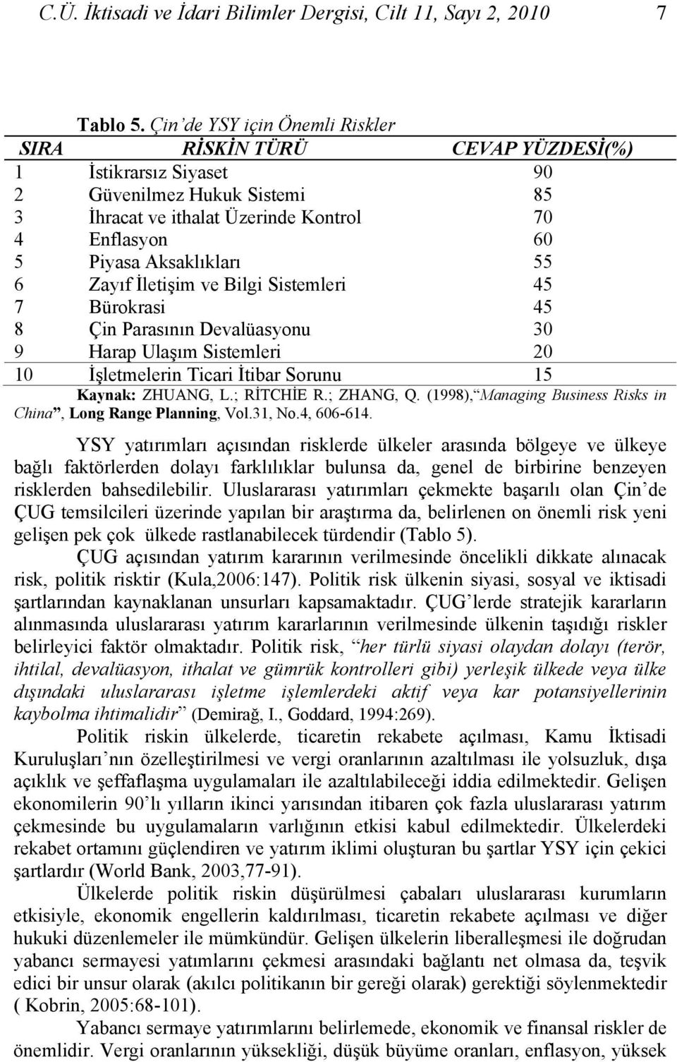 55 6 Zayıf İletişim ve Bilgi Sistemleri 45 7 Bürokrasi 45 8 Çin Parasının Devalüasyonu 30 9 Harap Ulaşım Sistemleri 20 10 İşletmelerin Ticari İtibar Sorunu 15 Kaynak: ZHUANG, L.; RİTCHİE R.; ZHANG, Q.