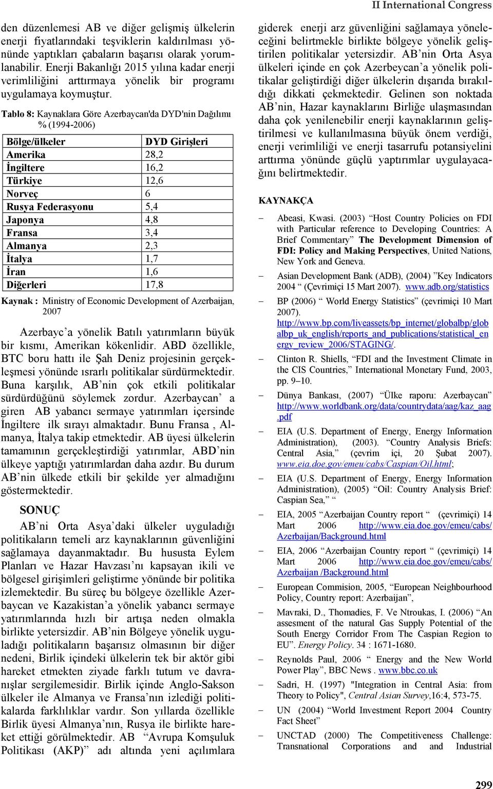Tablo 8: Kaynaklara Göre Azerbaycan'da DYD'nin Dağılımı % (1994-2006) Bölge/ülkeler DYD Girişleri Amerika 28,2 Đngiltere 16,2 Türkiye 12,6 Norveç 6 Rusya Federasyonu 5,4 Japonya 4,8 Fransa 3,4