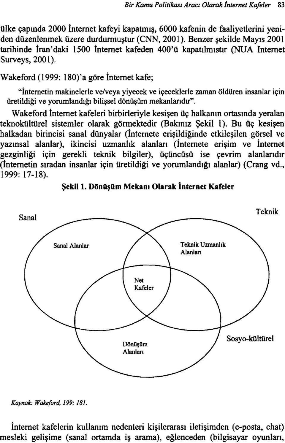 Wakeford (1999: l80)'a göre İnternet kafe; "İnternetin makinelerle ve/veya yiyecek ve içeceklerle zaman öldüren insanlar için üretildigi ve yorumlandıgı bilişsel dönüşüm mekanlarıdır".