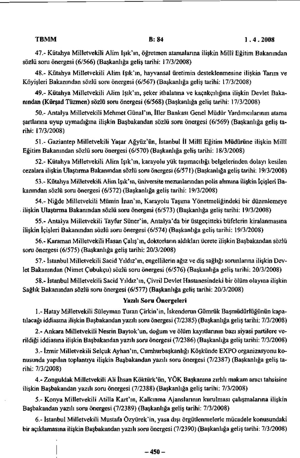 - Kütahya Milletvekili Alim Işık'ın, şeker ithalatına ve kaçakçılığına ilişkin Devlet Bakanından (Kürşad Tüzmen) sözlü soru önergesi (6/568) (Başkanlığa geliş tarihi: 17/3/2008) 50.