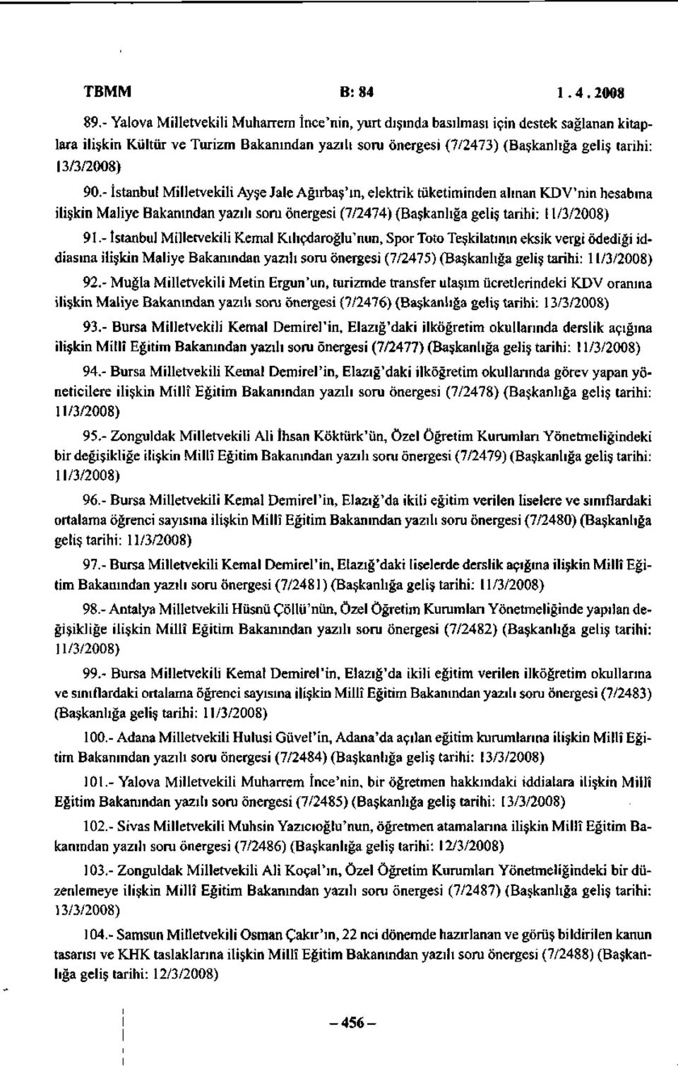 90.- İstanbul Milletvekili Ayşe Jale Ağırbaş'ın, elektrik tüketiminden alınan KDV'nin hesabına ilişkin Maliye Bakanından yazılı soru önergesi (7/2474) (Başkanlığa geliş tarihi: 11/3/2008) 91.