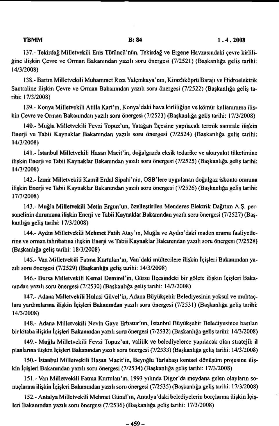 - Bartın Milletvekili Muhammet Rıza Yalçmkaya'nın, Kirazlıköprü Barajı ve Hidroelektrik Santraline ilişkin Çevre ve Orman Bakanından yazılı soru önergesi (7/2522) (Başkanlığa geliş tarihi: 17/3/2008)