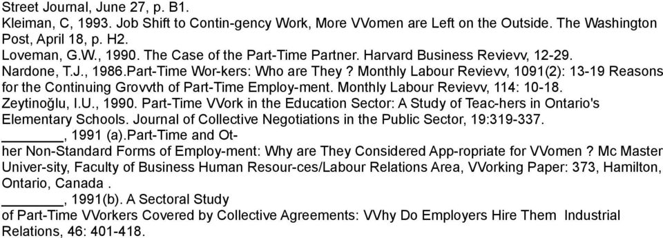 Monthly Labour Revievv, 1091(2): 13-19 Reasons for the Continuing Grovvth of Part-Time Employ-ment. Monthly Labour Revievv, 114: 10-18. Zeytinoğlu, I.U., 1990.