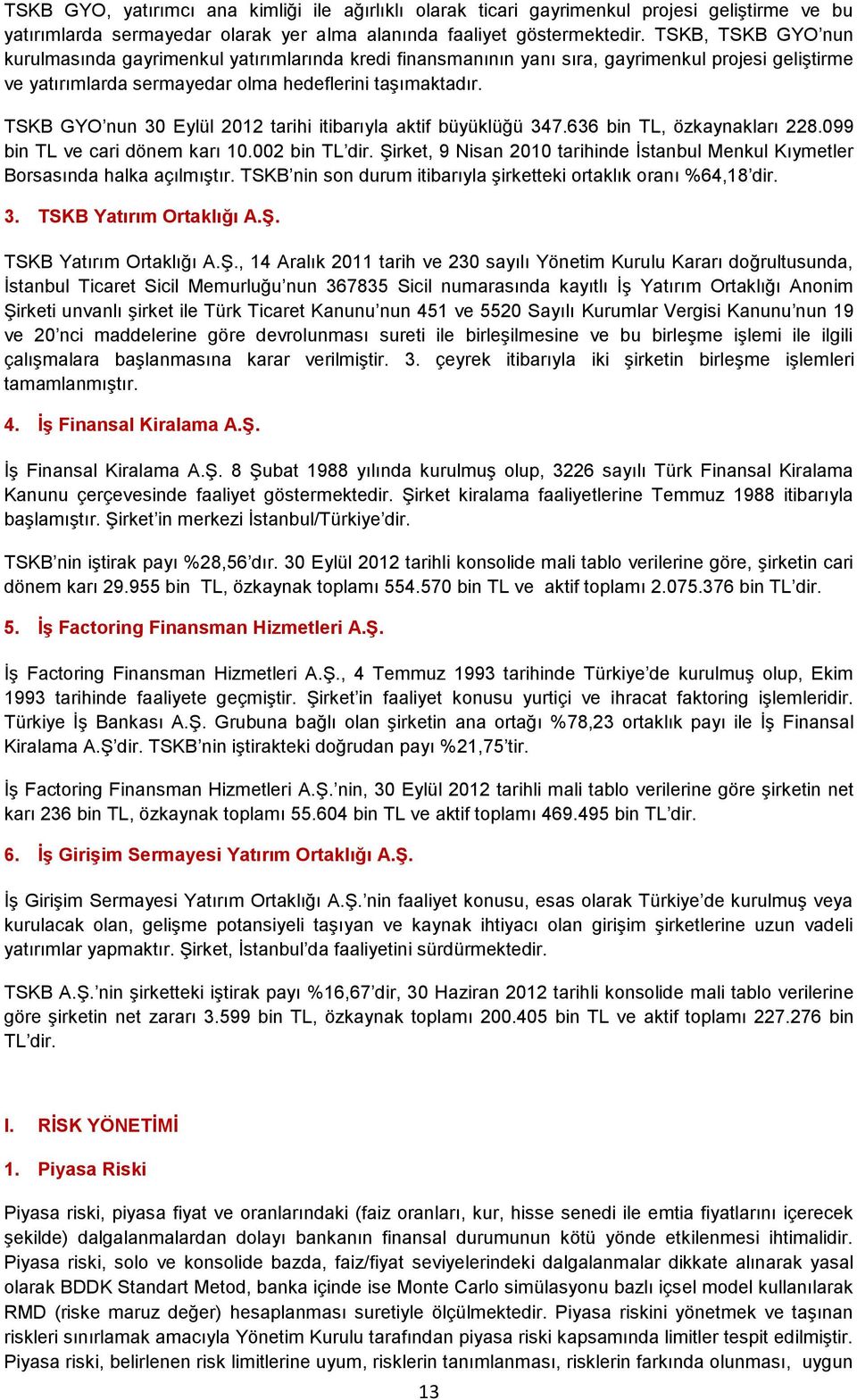 TSKB GYO nun 30 Eylül 2012 tarihi itibarıyla aktif büyüklüğü 347.636 bin TL, özkaynakları 228.099 bin TL ve cari dönem karı 10.002 bin TL dir.