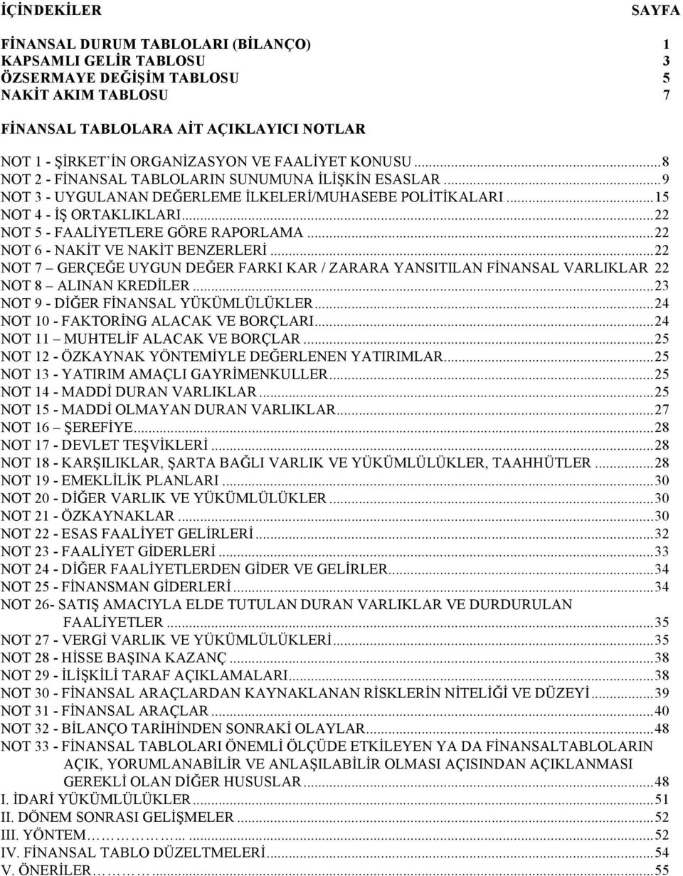 ..22 NOT 5 - FAAL"YETLERE GÖRE RAPORLAMA...22 NOT 6 - NAK"T VE NAK"T BENZERLER"...22 NOT 7 GERÇE#E UYGUN DE#ER FARKI KAR / ZARARA YANSITILAN F"NANSAL VARLIKLAR 22 NOT 8 ALINAN KRED"LER.