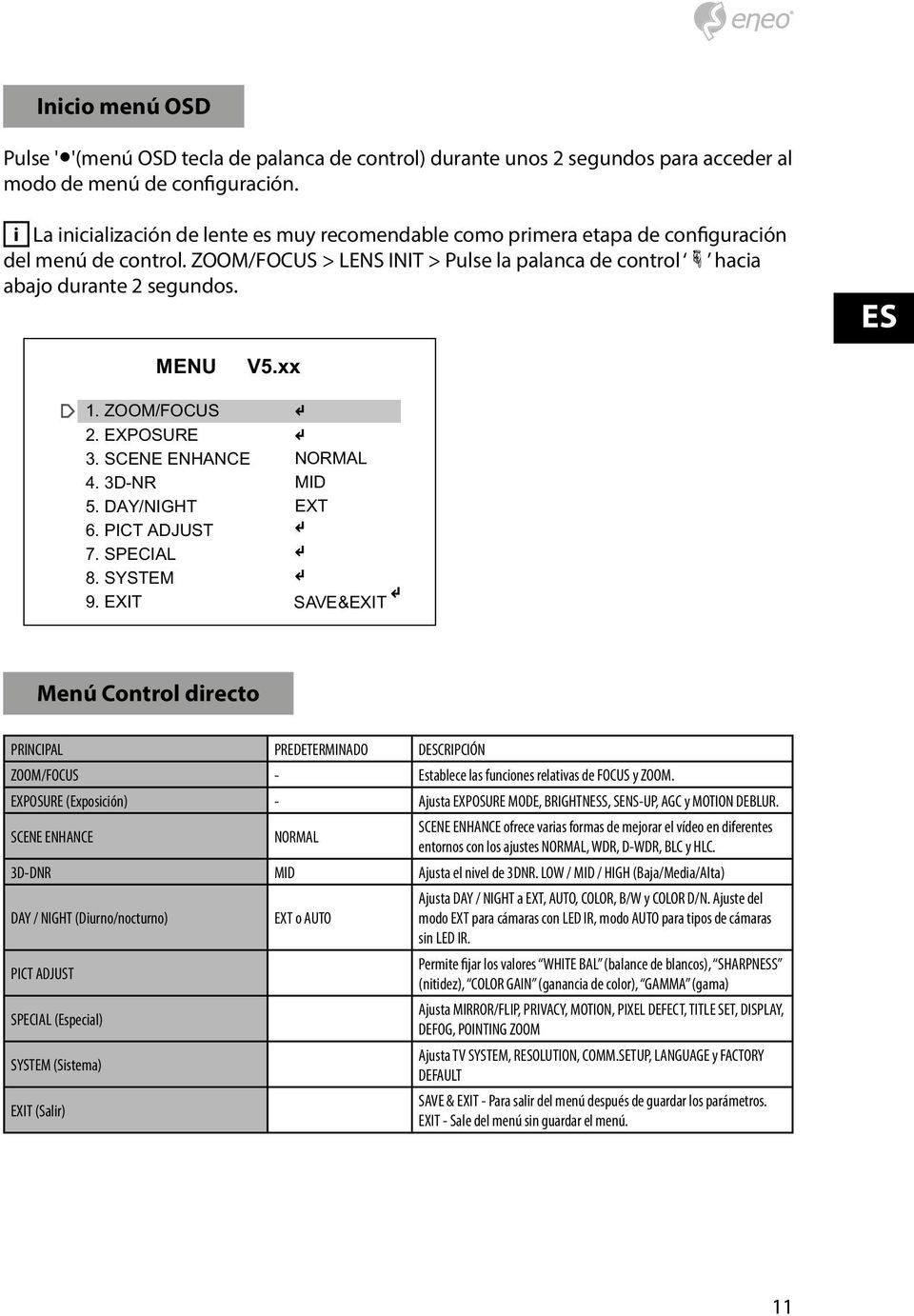 ES MENU V5.xx 1. ZOOM/FOCUS 2. EXPOSURE 3. SCENE ENHANCE 4. 3D-NR 5. DAY/NIGHT 6. PICT ADJUST 7. SPECIAL 8. SYSTEM 9.