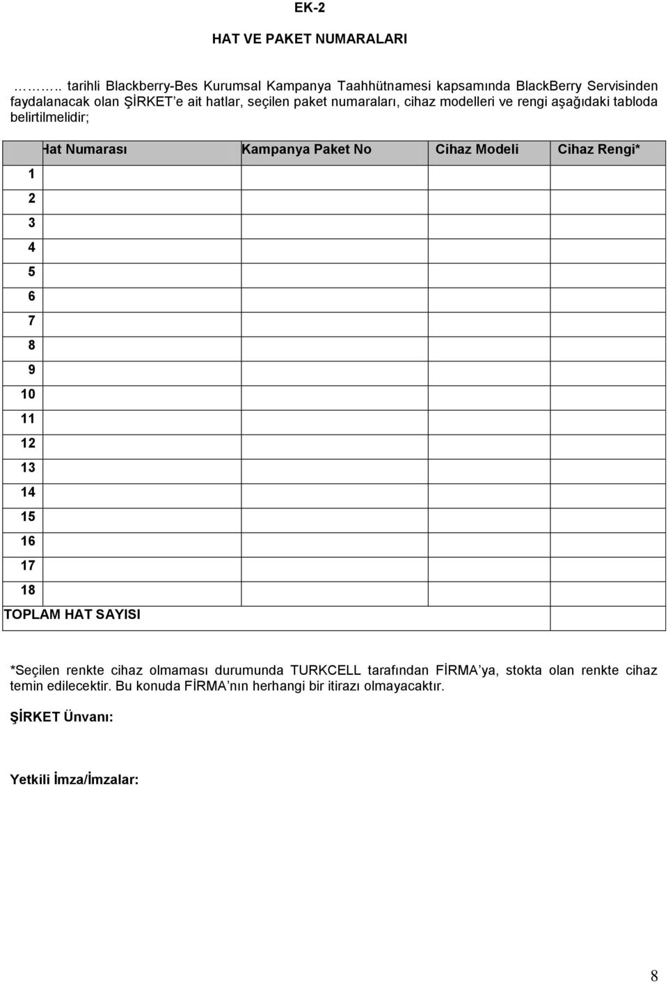 numaraları, cihaz modelleri ve rengi aşağıdaki tabloda belirtilmelidir; TOT T Hat Numarası Kampanya Paket No Cihaz Modeli Cihaz Rengi* 1 2 3 4 5