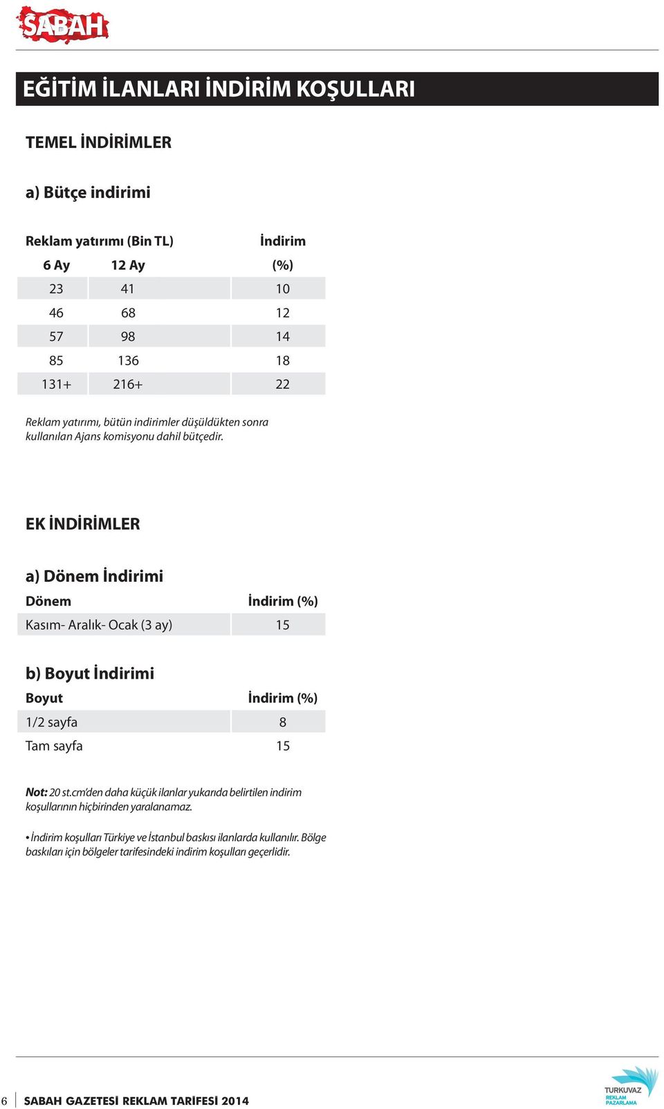 EK İNDİRİMLER a) Dönem İndirimi Dönem İndirim (%) Kasım- Aralık- Ocak (3 ay) 15 b) Boyut İndirimi Boyut İndirim (%) 1/2 sayfa 8 Tam sayfa 15 Not: 20 st.