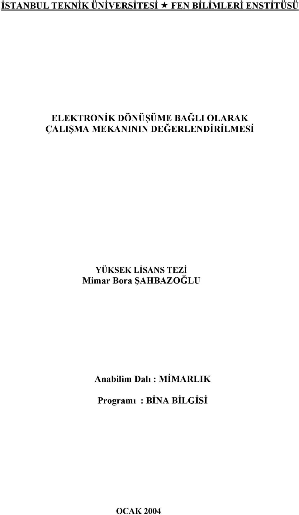 DEĞERLENDİRİLMESİ YÜKSEK LİSANS TEZİ Mimar Bora