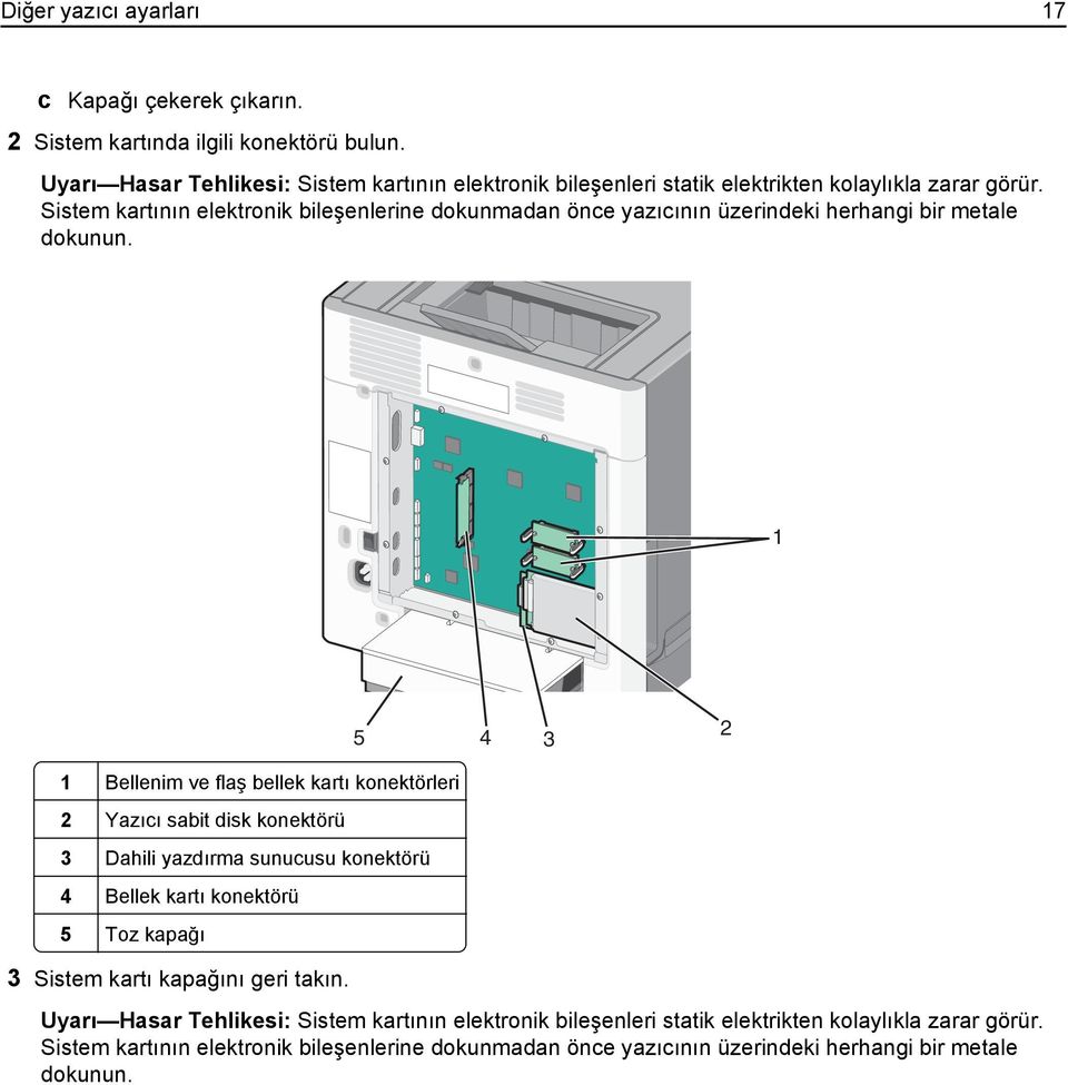 Sistem kartının elektronik bileşenlerine dokunmadan önce yazıcının üzerindeki herhangi bir metale dokunun.