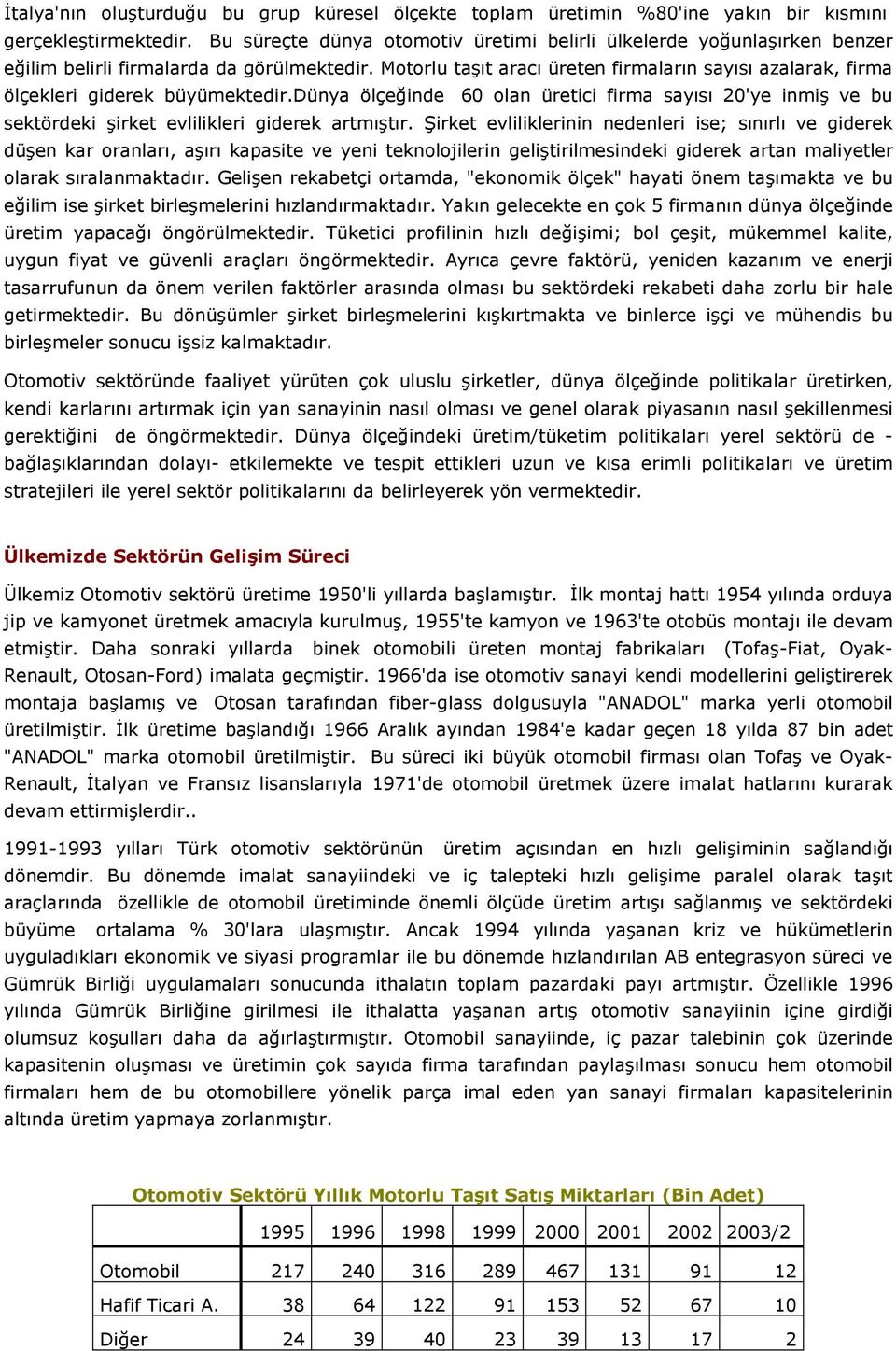 Motorlu taşıt aracı üreten firmaların sayısı azalarak, firma ölçekleri giderek büyümektedir.