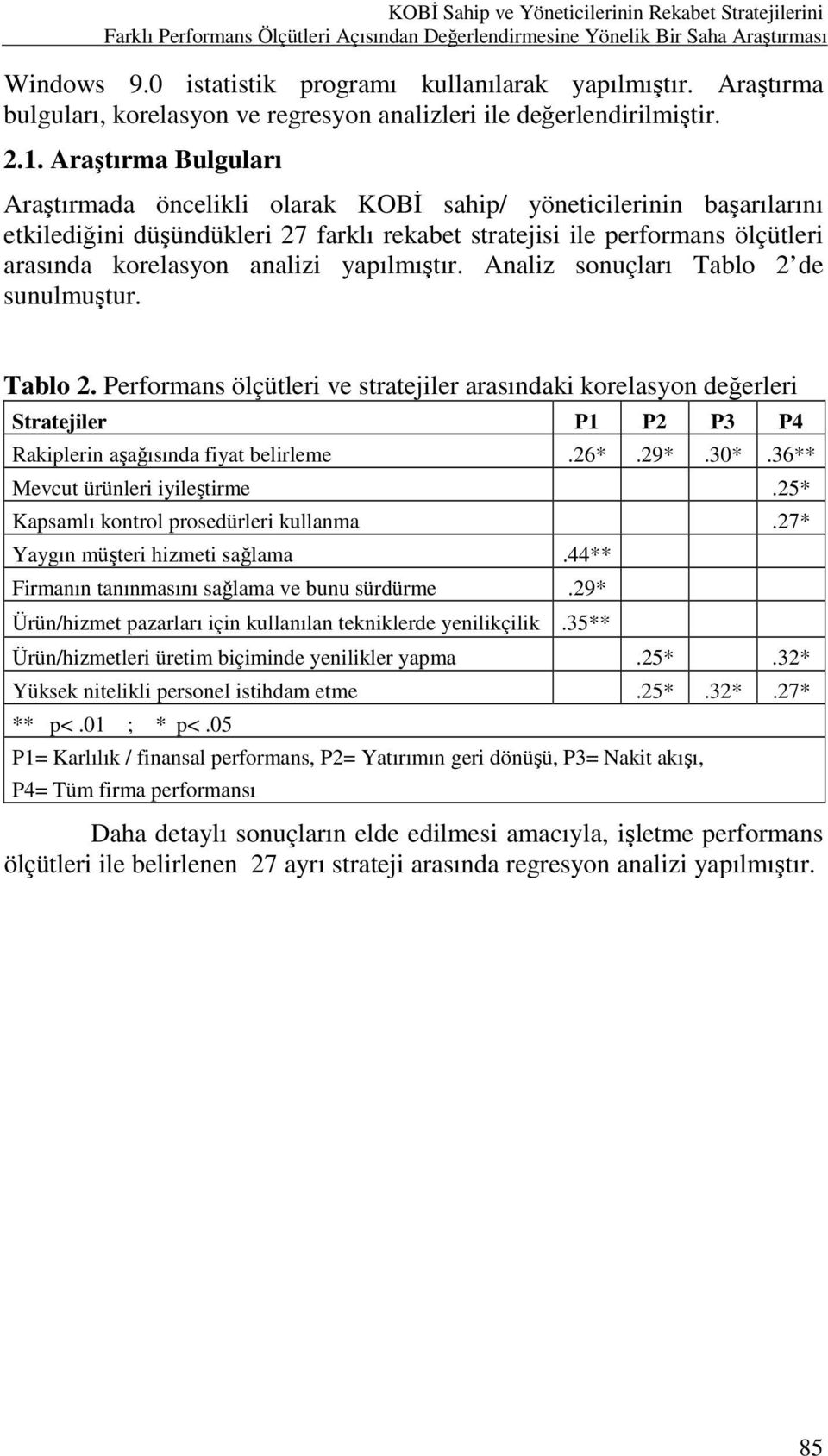 Araştırma Bulguları Araştırmada öncelikli olarak KOBĐ sahip/ yöneticilerinin başarılarını etkilediğini düşündükleri 27 farklı rekabet stratejisi ile performans ölçütleri arasında korelasyon analizi