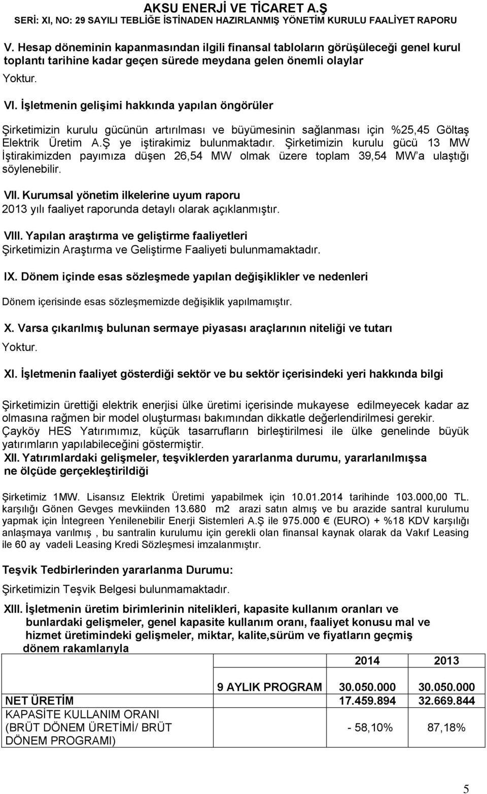 Şirketimizin kurulu gücü 13 MW İştirakimizden payımıza düşen 26,54 MW olmak üzere toplam 39,54 MW a ulaştığı söylenebilir. VII.