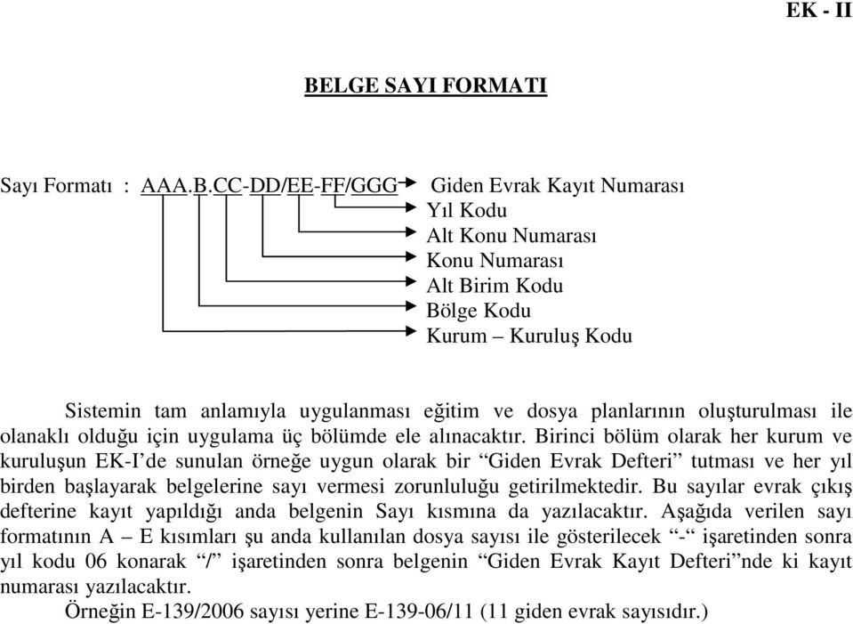 CC-DD/EE-FF/GGG Giden Evrak Kayıt Numarası Yıl Kodu Alt Konu Numarası Konu Numarası Alt Birim Kodu Bölge Kodu Kurum Kuruluş Kodu Sistemin tam anlamıyla uygulanması eğitim ve dosya planlarının