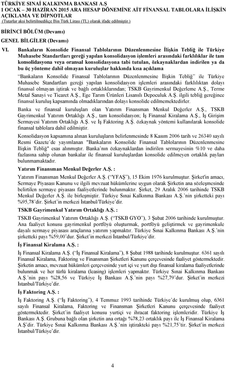 oransal konsolidasyona tabi tutulan, özkaynaklardan indirilen ya da bu üç yönteme dahil olmayan kuruluşlar hakkında kısa açıklama Bankaların Konsolide Finansal Tablolarının Düzenlenmesine İlişkin