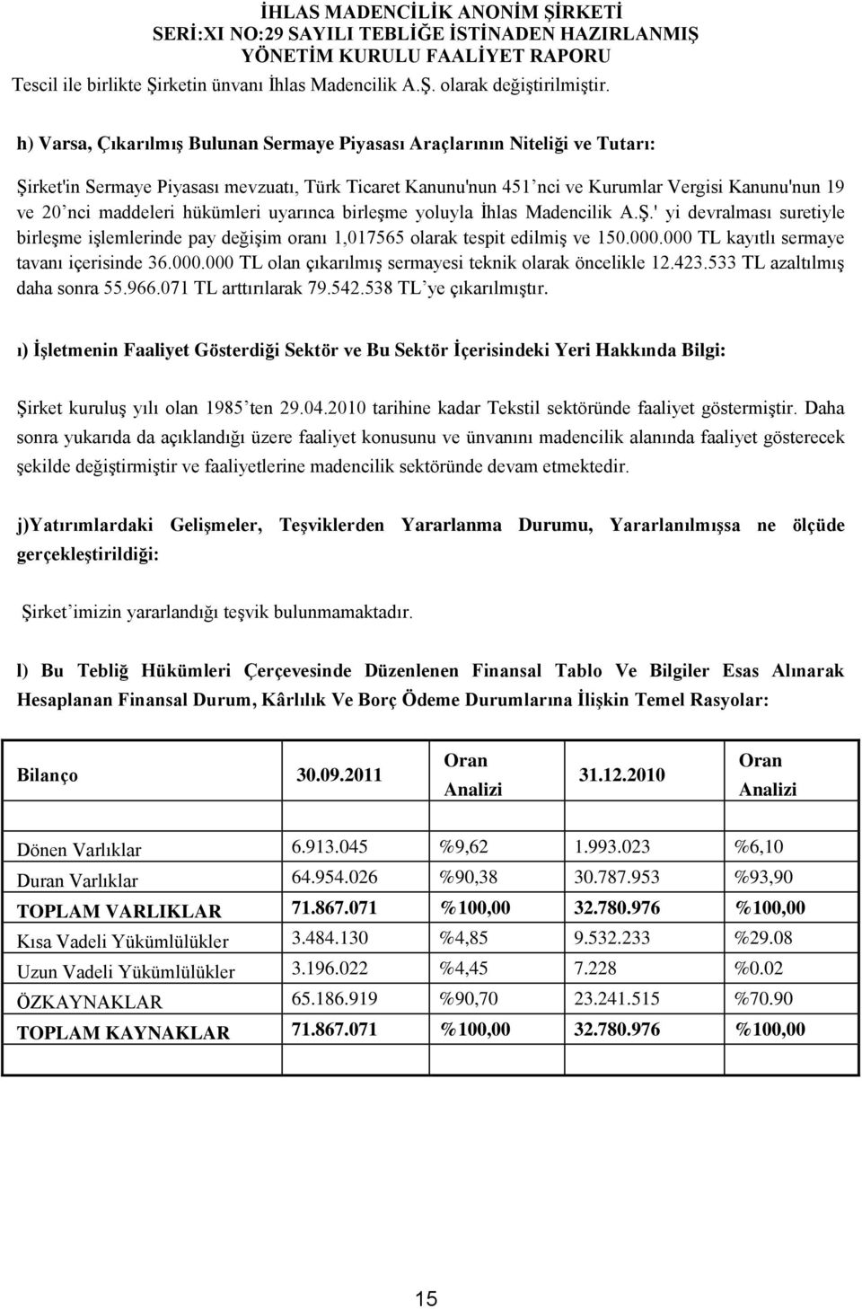 maddeleri hükümleri uyarınca birleşme yoluyla İhlas Madencilik A.Ş.' yi devralması suretiyle birleşme işlemlerinde pay değişim oranı 1,017565 olarak tespit edilmiş ve 150.000.