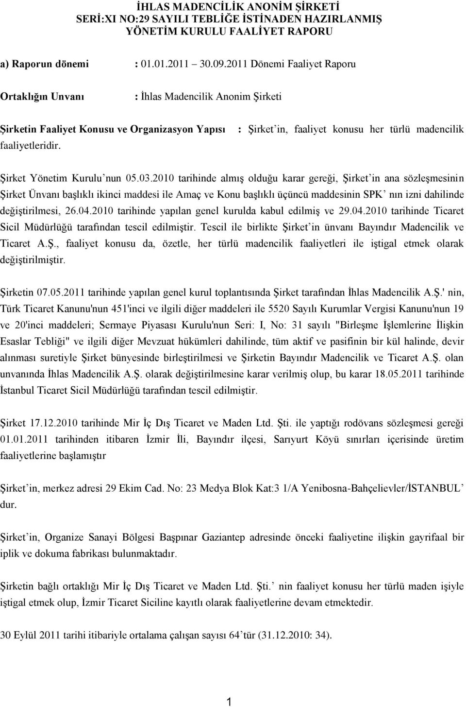 2010 tarihinde almış olduğu karar gereği, Şirket in ana sözleşmesinin Şirket Ünvanı başlıklı ikinci maddesi ile Amaç ve Konu başlıklı üçüncü maddesinin SPK nın izni dahilinde değiştirilmesi, 26.04.