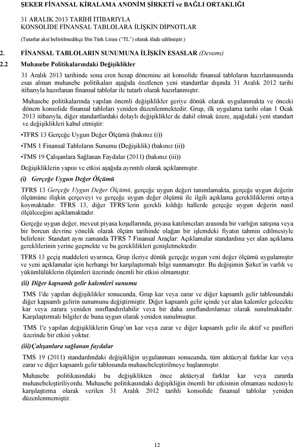 standartlar dışında 31 Aralık 2012 tarihi itibarıyla hazırlanan finansal tablolar ile tutarlı olarak hazırlanmıştır.