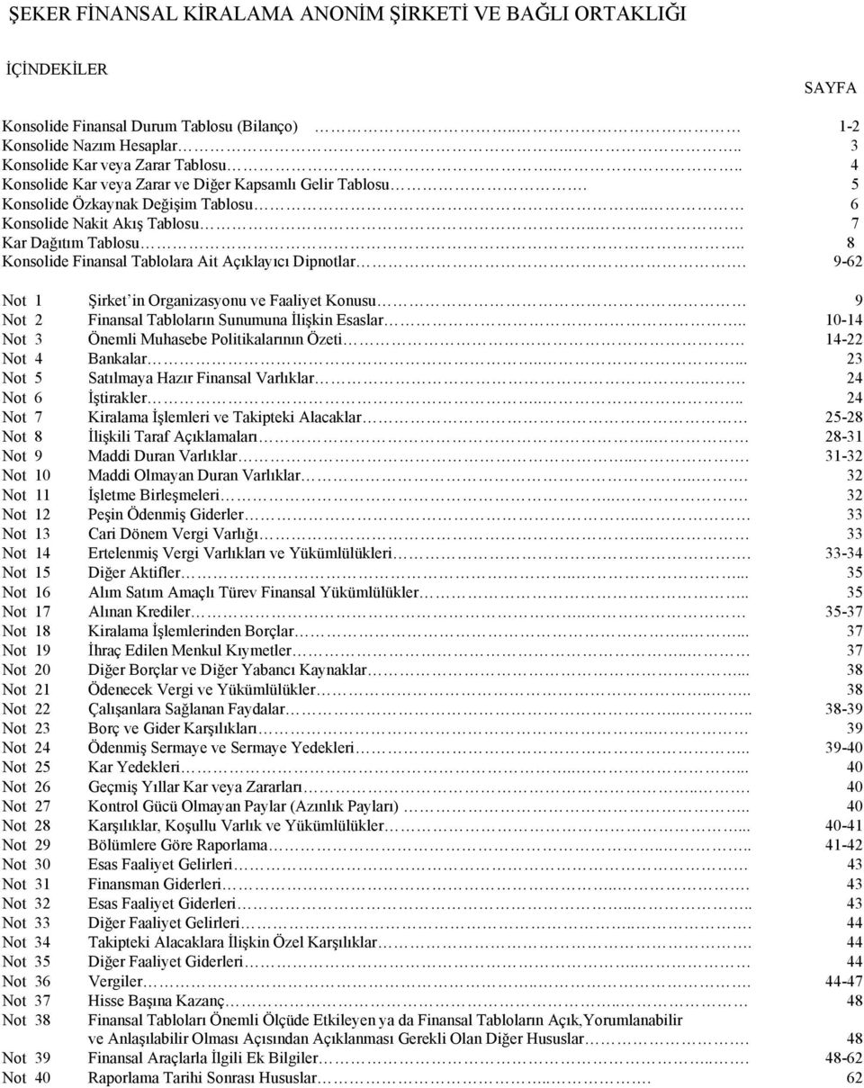 . Konsolide Finansal Tablolara Ait Açıklayıcı Dipnotlar. Not 1 Şirket in Organizasyonu ve Faaliyet Konusu 9 Not 2 Finansal Tabloların Sunumuna İlişkin Esaslar.