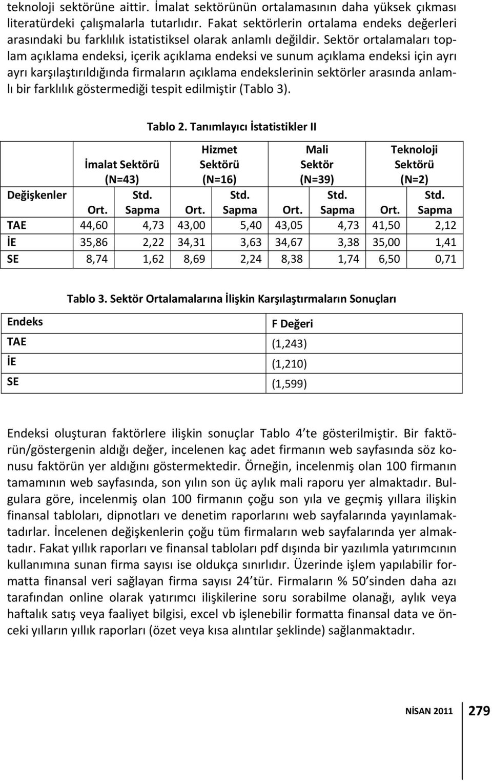 Sektör ortalamaları toplam açıklama endeksi, içerik açıklama endeksi ve sunum açıklama endeksi için ayrı ayrı karşılaştırıldığında firmaların açıklama endekslerinin sektörler arasında anlamlı bir