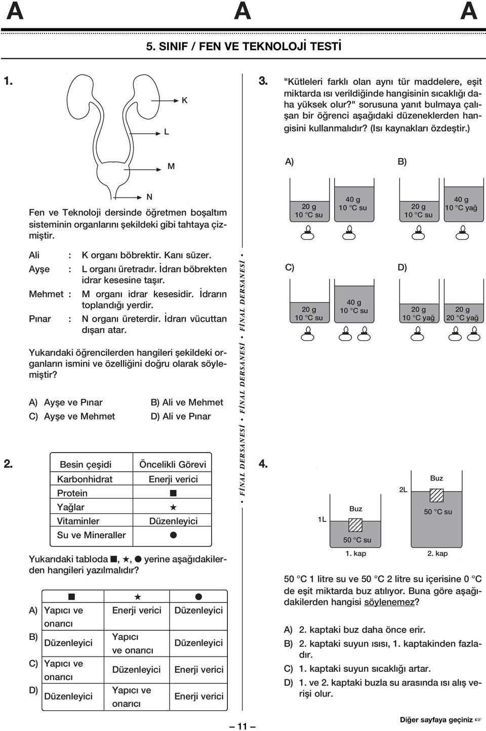 ) M A) B) Fen ve Teknoloji dersinde ö retmen boflalt m sisteminin organlar n flekildeki gibi tahtaya çizmifltir. N 20 g 10 C su 40 g 10 C su 20 g 10 C su 40 g 10 C ya Ali : K organ böbrektir.