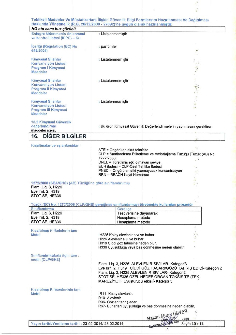 2611212008-270921'ne olarak hazrrlanm HG oto camr buz Entegre kirlenmenin 6nlenrnesi Listelenmemigtir ve kontrol listesi (IFPC) * Su lqeri$i (Regutation (teg) No 648/2004) Kimyasal Silahlar