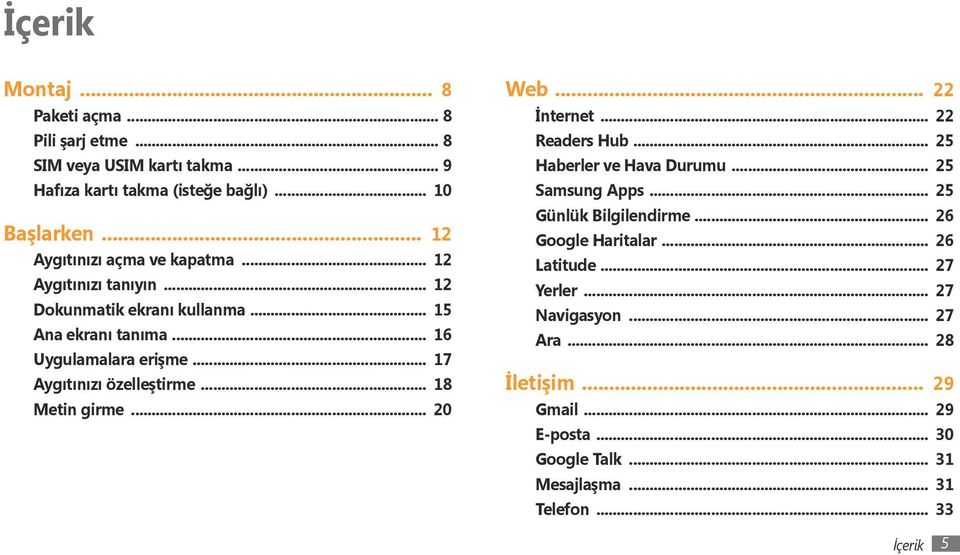 .. 17 Aygıtınızı özelleştirme... 18 Metin girme... 0 Web... İnternet... Readers Hub... 5 Haberler ve Hava Durumu... 5 Samsung Apps.