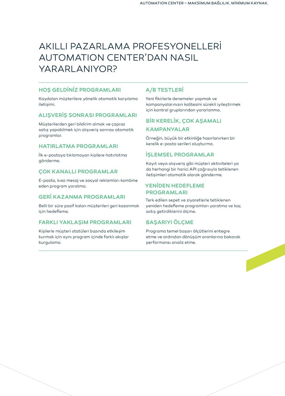 ALIŞVERİŞ SONRASI PROGRAMLARI Müşterilerden geri bildirim almak ve çapraz satış yapabilmek için alışveriş sonrası otomatik programlar.