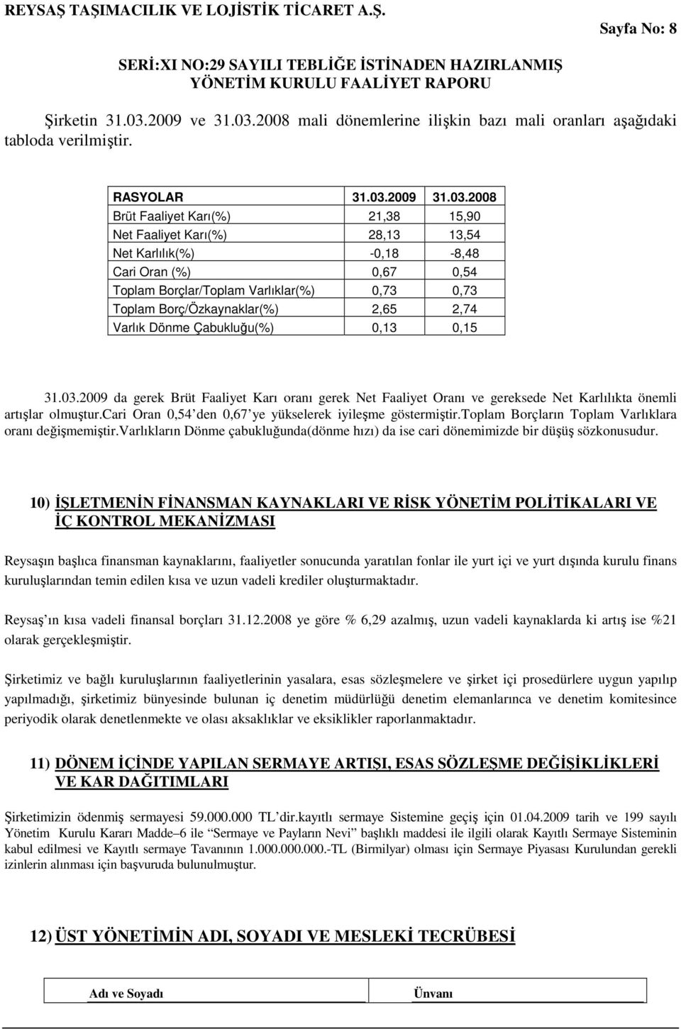 2008 mali dönemlerine ilişkin bazı mali oranları aşağıdaki tabloda verilmiştir. RASYOLAR 31.03.