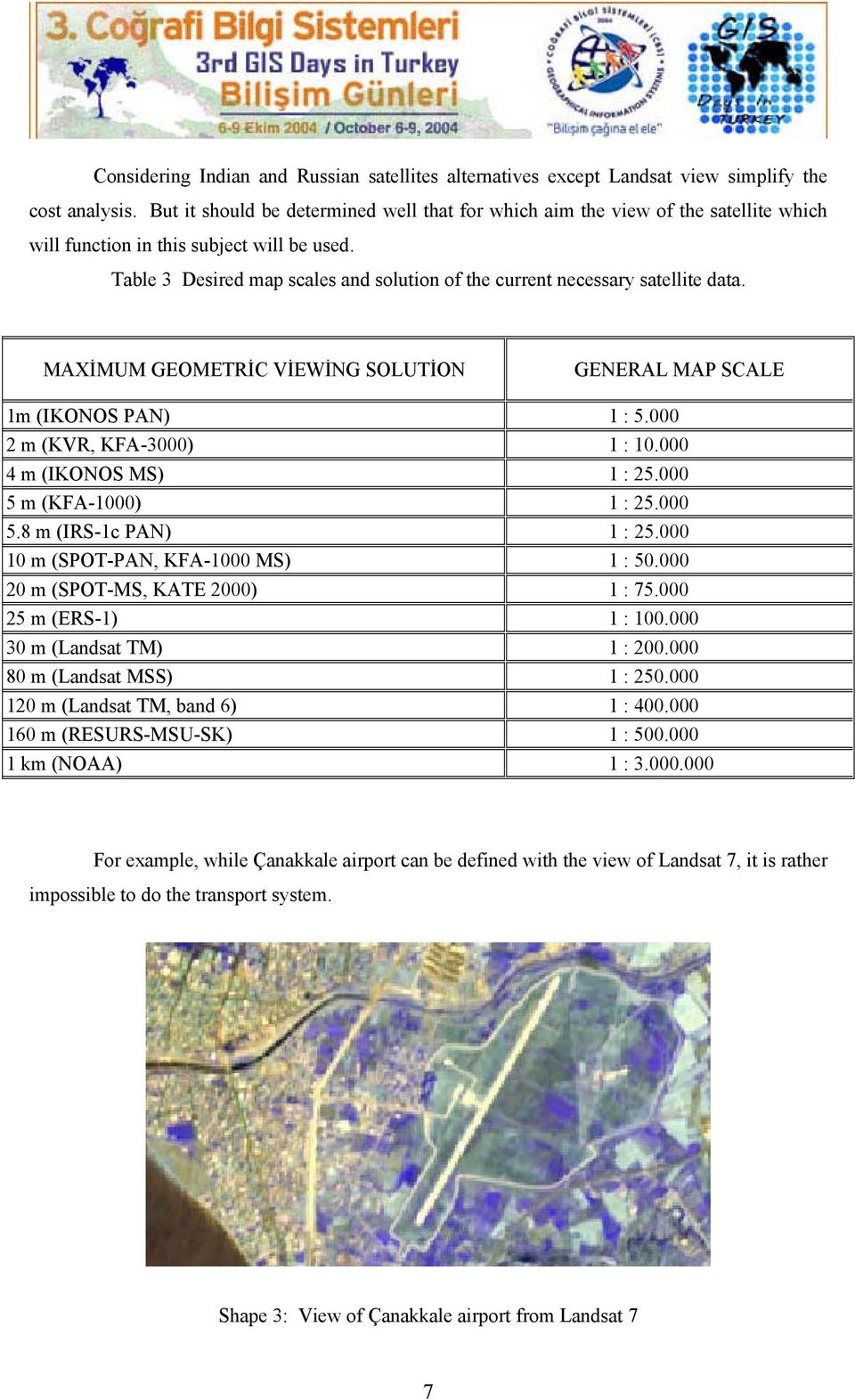 Table 3 Desired map scales and solution of the current necessary satellite data. MAXİMUM GEOMETRİC VİEWİNG SOLUTİON GENERAL MAP SCALE 1m (IKONOS PAN) 1 : 5.000 2 m (KVR, KFA-3000) 1 : 10.
