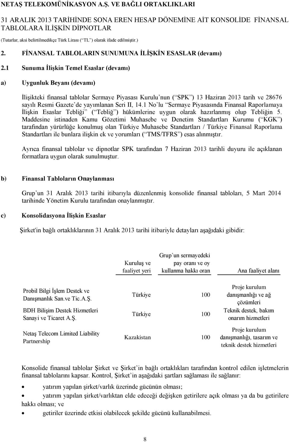 Seri II, 14.1 No lu Sermaye Piyasasında Finansal Raporlamaya İlişkin Esaslar Tebliği ( Tebliğ ) hükümlerine uygun olarak hazırlanmış olup Tebliğin 5.