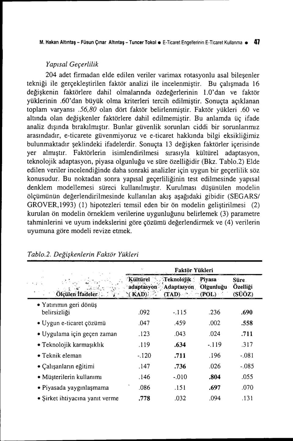 Bu çalışmada 16 değişkeni n faktörlere dahil olmalannda özdeğerlerinin LO' dan ve faktör yüklerinin.60'dan büyük olma kriterleri tercih edilmiştir. Sonuçta açıklanan toplam varyans ı.56.