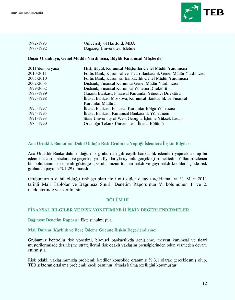 Genel Müdür Yardımcısı 1999-2002 Dışbank, Finansal Kurumlar Yönetici Direktörü 1998-1999 Garanti Bankası, Finansal Kurumlar Yönetici Direktörü 1997-1998 İktisat Bankası Moskova, Kurumsal Bankacılık