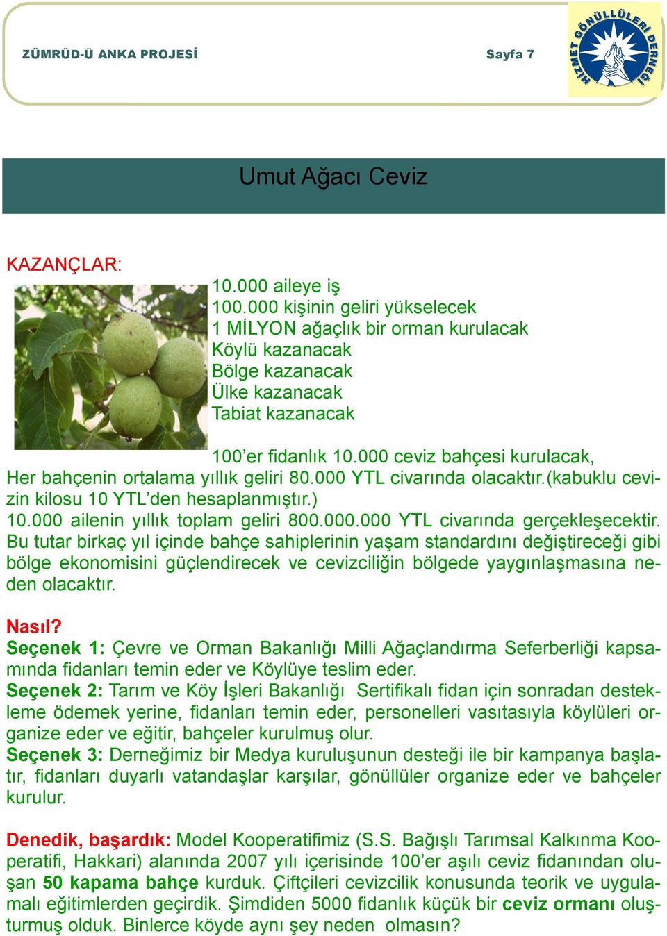 000 ceviz bahçesi kurulacak, Her bahçenin ortalama yıllık geliri 80.000 YTL civarında olacaktır.(kabuklu cevizin kilosu 10 YTL den hesaplanmıştır.) 10.000 ailenin yıllık toplam geliri 800.000.000 YTL civarında gerçekleşecektir.