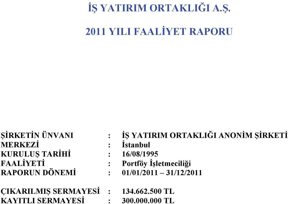 16/08/1995 FAALİYETİ : Portföy İşletmeciliği RAPORUN DÖNEMİ : 01/01/2011