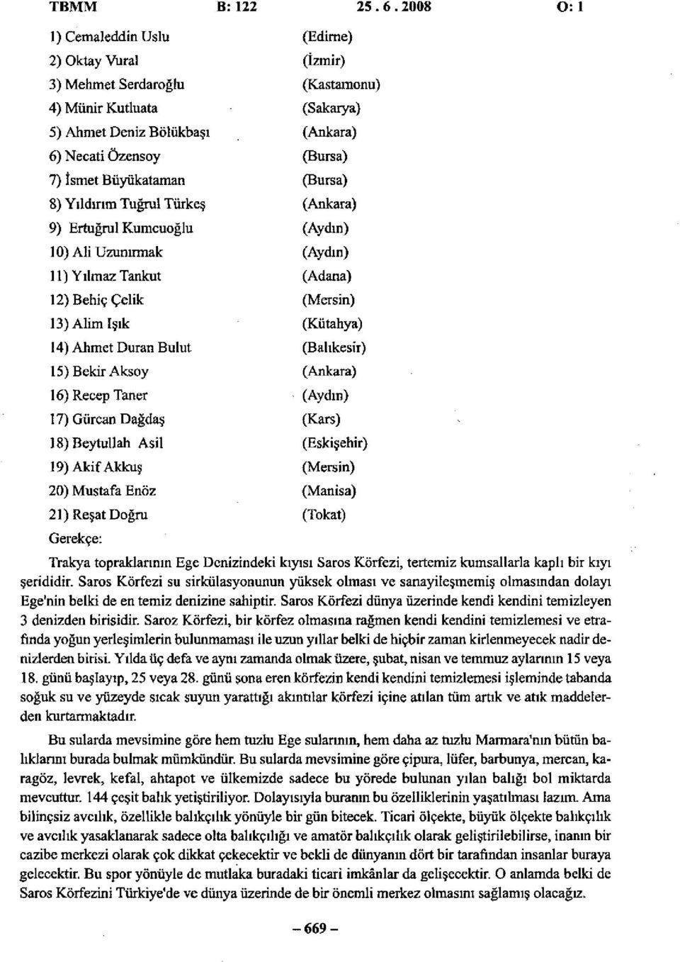 (Bursa) 8) Yıldırım Tuğrul Türkeş (Ankara) 9) Ertuğrul Kumcuoğlu (Aydın) 10) AliUzunırmak (Aydın) 11) Yılmaz Tankut (Adana) 12) Behiç Çelik (Mersin) 13) Alim Işık (Kütahya) 14) Ahmet Duran Bulut