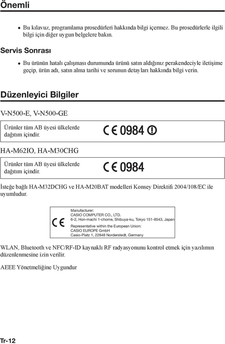 Düzenleyici Bilgiler V-N500-E, V-N500-GE Ürünler tüm AB üyesi ülkelerde dağıtım içindir. 0984 HA-M62IO, HA-M30CHG Ürünler tüm AB üyesi ülkelerde dağıtım içindir.