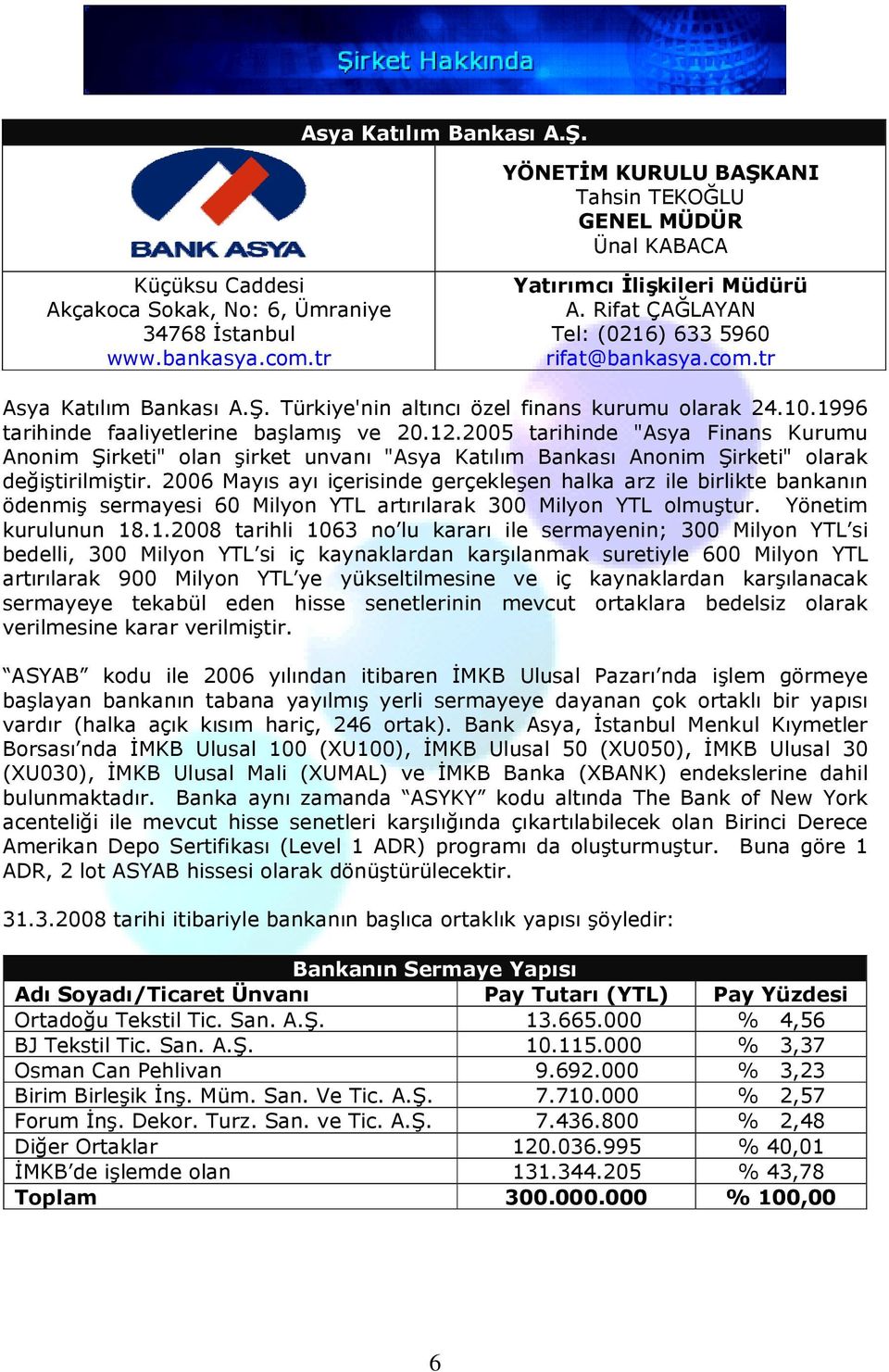 1996 tarihinde faaliyetlerine başlamış ve 20.12.2005 tarihinde "Asya Finans Kurumu Anonim Şirketi" olan şirket unvanı "Asya Katılım Bankası Anonim Şirketi" olarak değiştirilmiştir.