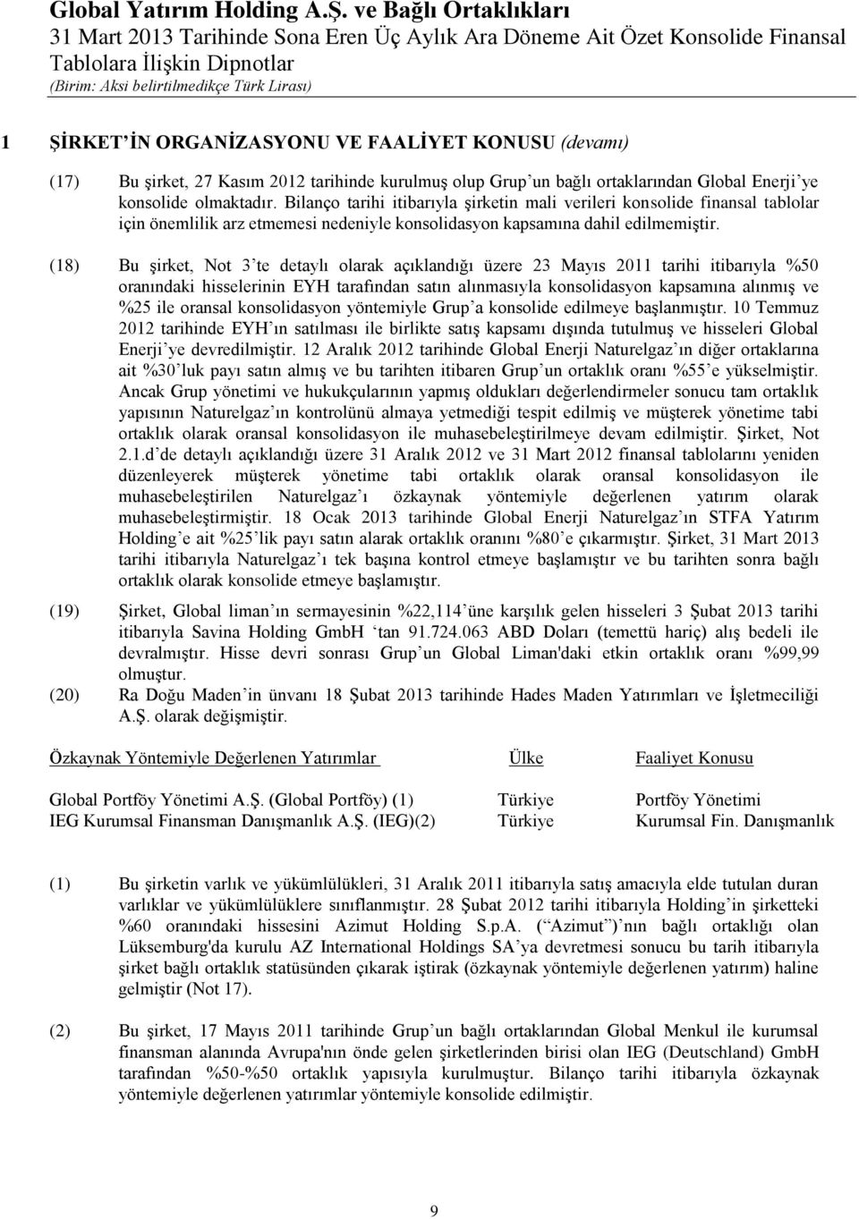 (18) Bu şirket, Not 3 te detaylı olarak açıklandığı üzere 23 Mayıs 2011 tarihi itibarıyla %50 oranındaki hisselerinin EYH tarafından satın alınmasıyla konsolidasyon kapsamına alınmış ve %25 ile