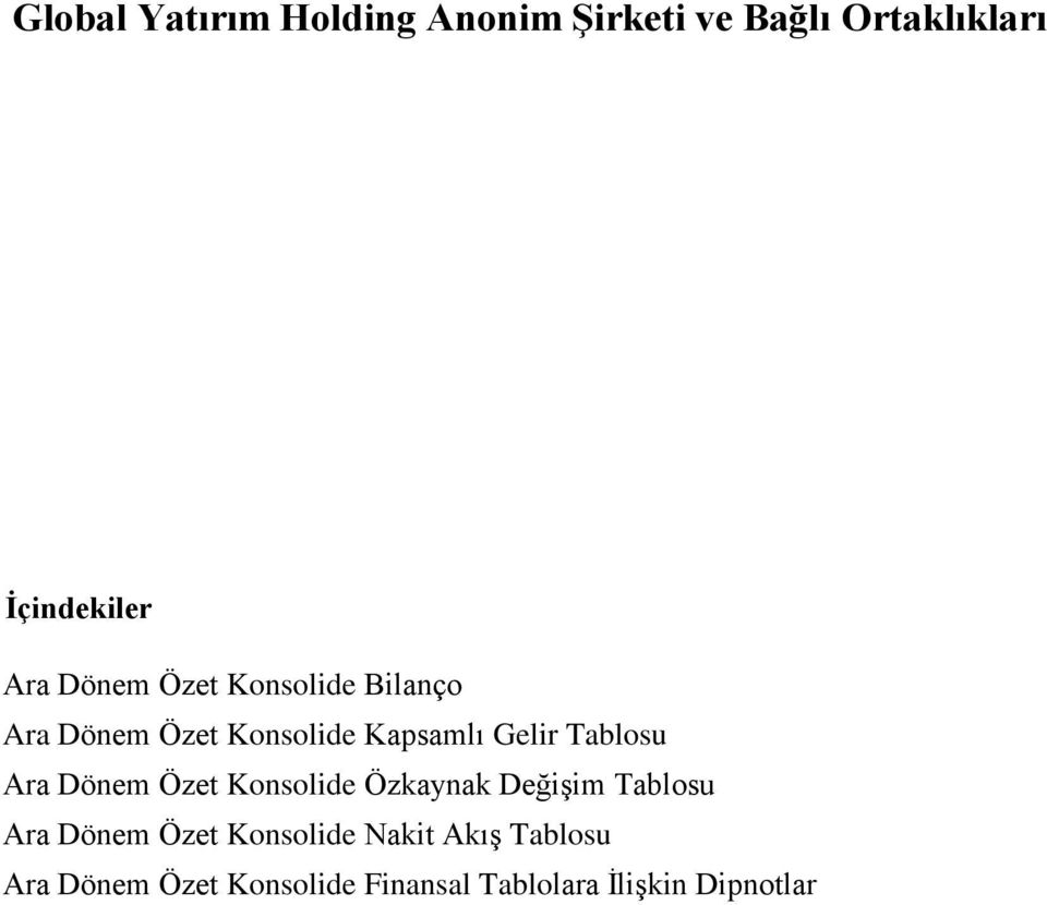 Kapsamlı Gelir Tablosu Ara Dönem Özet Konsolide Özkaynak Değişim