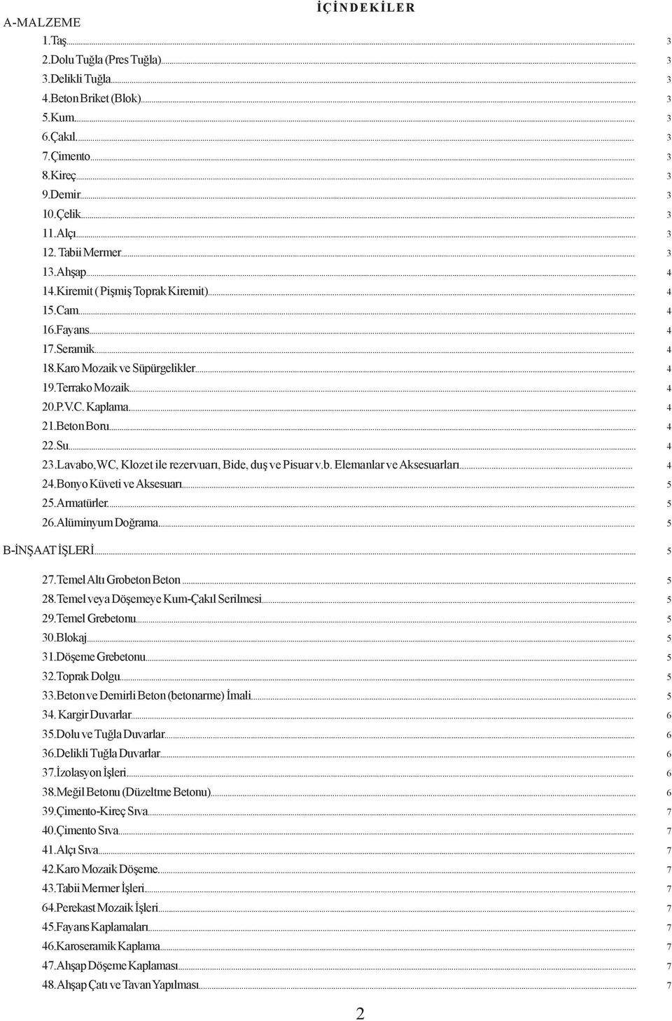 .. 4 21.Beton Boru... 4 22.Su... 4 23.Lavabo,WC, Klozet ile rezervuarý, Bide, duþ ve Pisuar v.b. Elemanlar ve Aksesuarlarý... 4 24.Bonyo Küveti ve Aksesuarý... 5 25.Armatürler... 5 26.