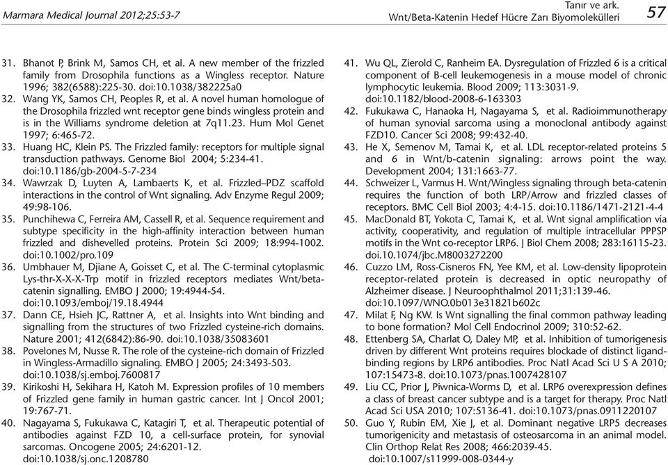 A novel human homologue of the Drosophila frizzled wnt receptor gene binds wingless protein and is in the Williams syndrome deletion at 7q11.23. Hum Mol Genet 1997; 6:465-72. 33. Huang HC, Klein PS.