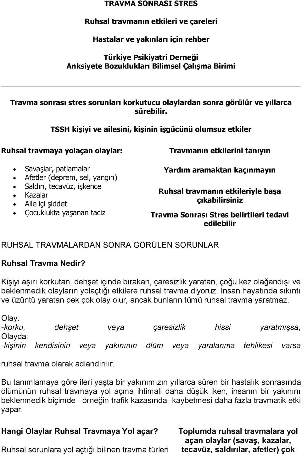 TSSH kişiyi ve ailesini, kişinin işgücünü olumsuz etkiler Ruhsal travmaya yolaçan olaylar: Travmanın etkilerini tanıyın Savaşlar, patlamalar Afetler (deprem, sel, yangın) Saldırı, tecavüz, işkence