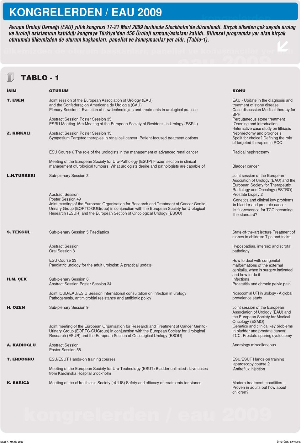 Bilimsel programda yer alan birçok oturumda ülkemizden de oturum baflkanlar, panelist ve konuflmac lar yer ald. (Tablo-1).